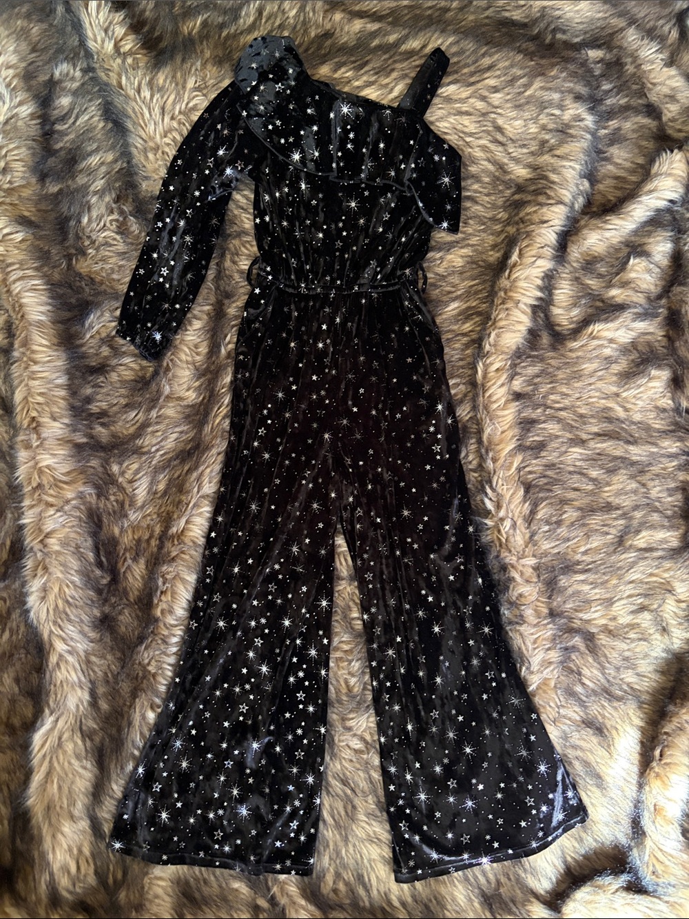 Justice Black Velvet Silver Star Print One-Shoulder Jumpsuit Size S 7/8 Holiday